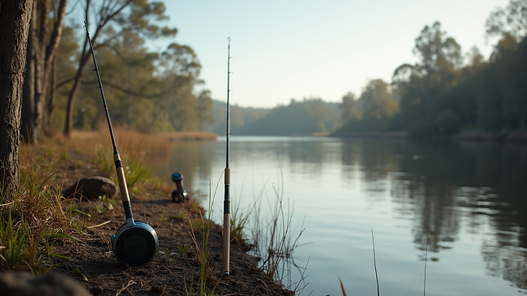 Close-up view of Mulgrave River with fishing gear on the bank