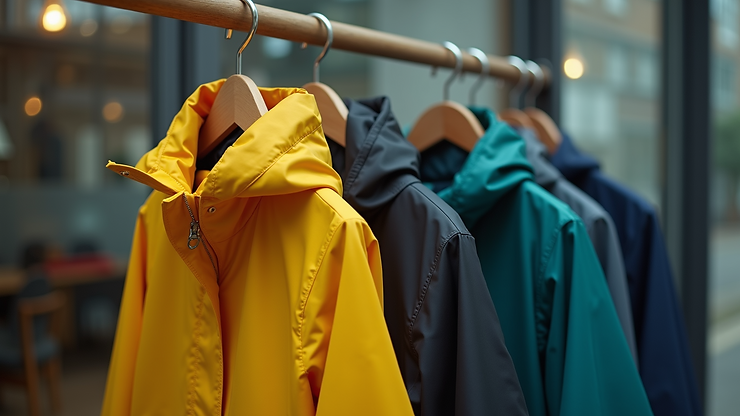 Close-up view of a stylish raincoat displayed on a hook