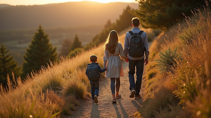 High angle view of a family walking along a scenic trail