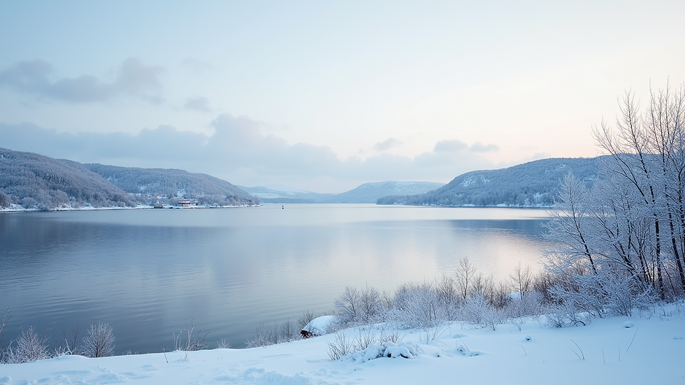 Wide angle view of Vejle Fjord with snow-covered hills