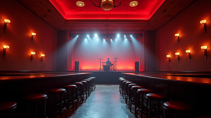 Eye-level view of the stage setup inside the bar