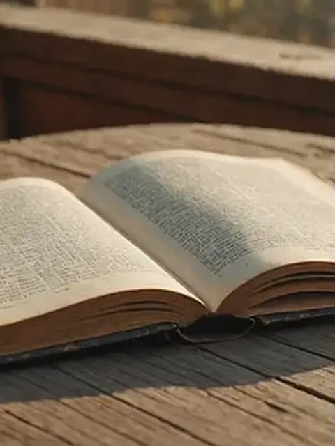 Close-up view of an open vintage book lying on an old wooden table