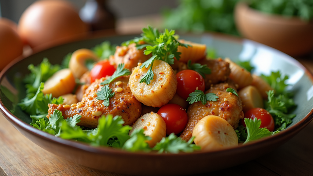 Eye-level view of vibrant chicken and vegetable medley in a serving bowl