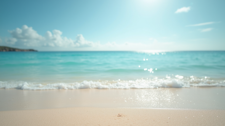 Wide angle view of Amoopi Beach with clear blue waters