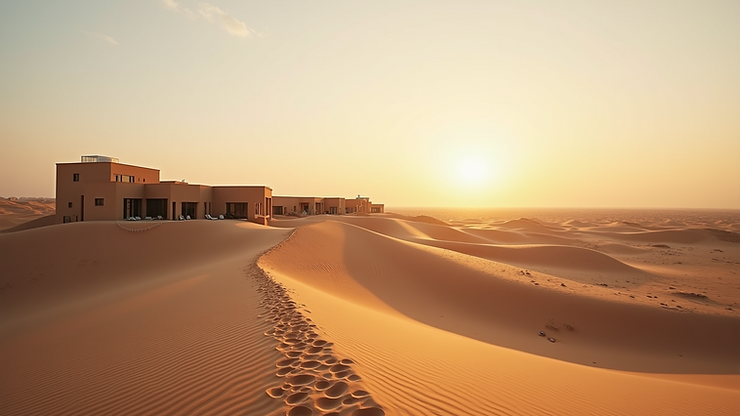 Wide angle view of Bab Al Shams Desert Resort with its traditional architecture