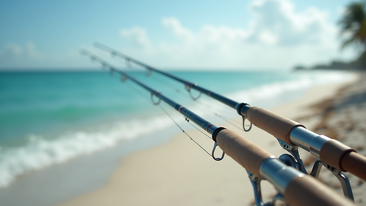 Eye-level view of Coral Harbour Beach with fishing rods set up