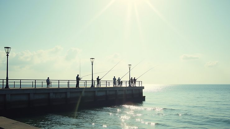 Eye-level view of Grand Baie Pier with fishermen casting lines