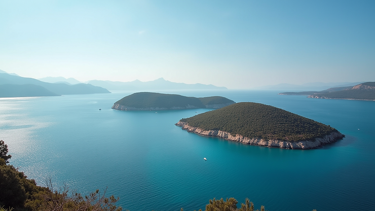 High angle view of the Oinousses Islands with boats in the distance