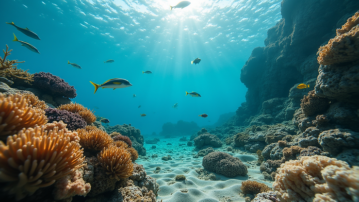 Wide angle view of Therma Bay with clear waters