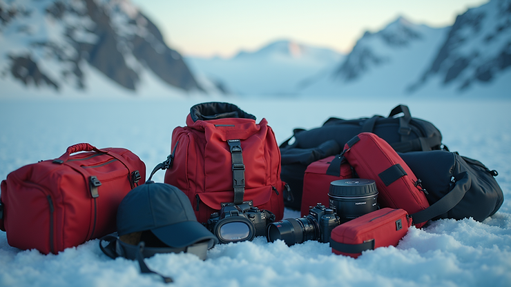 Close-up view of essential travel gear for Antarctica