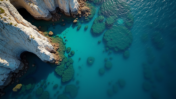 High angle view of the outer north-west drop-offs near Diapontia Islands