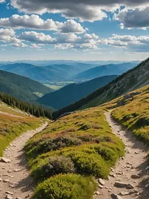 Wide angle view of the scenic Deer Mountain trail leading to the summit