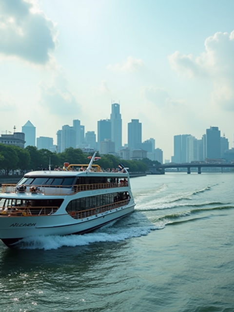 Wide angle view of a river cruise boat on the Singapore River