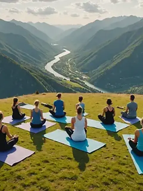 High angle view of a peaceful yoga session amidst the mountains