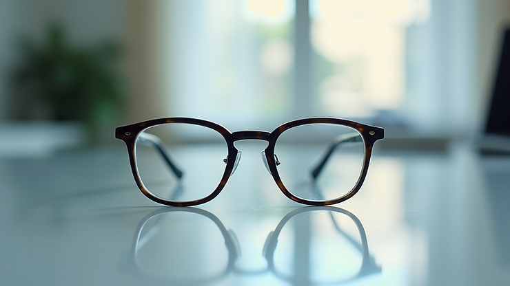 Eye-level view of a pair of eyeglasses resting on a clean surface