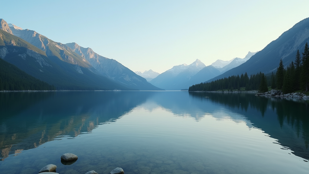 Wide angle view of Lake McDonald with reflection of mountains