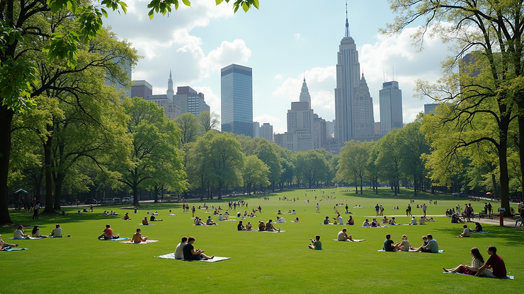 Eye-level view of Central Park with people enjoying outdoor activities