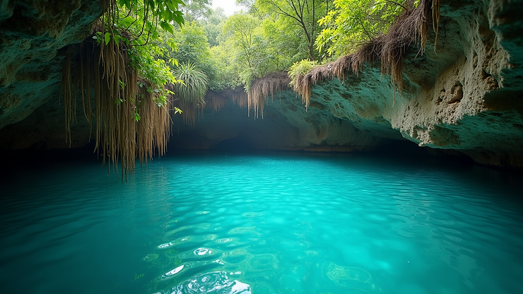 Close-up view of the stunning blue waters at Cenote Azul with lush surroundings