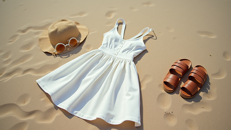 High angle view of a loose-fitting sundress and sandals