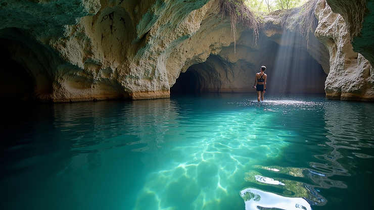Close-up view of the tranquil waters surrounded by rock formations at Cenote Xcanche