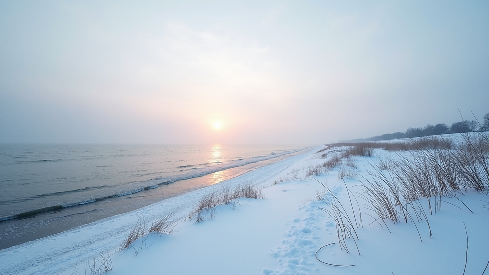 High angle view of the North Sea Coast with snow-covered dunes