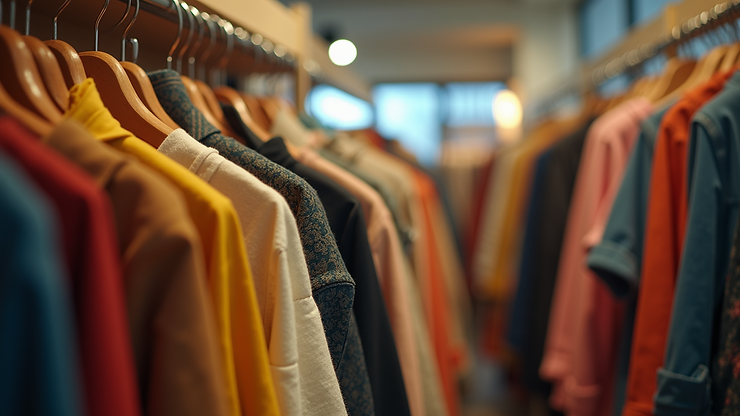Eye-level view of colorful vintage clothing hanging in a boutique