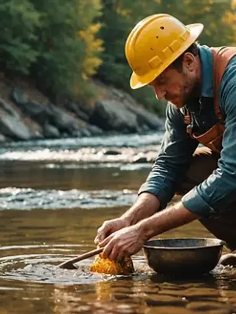 Close-up view of a miner practicing gold panning in a creek