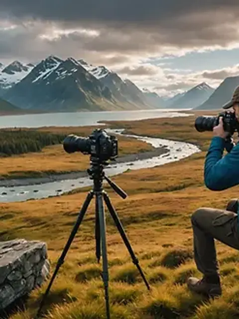 Wide angle view of a nature photographer capturing the rugged Alaskan landscapes
