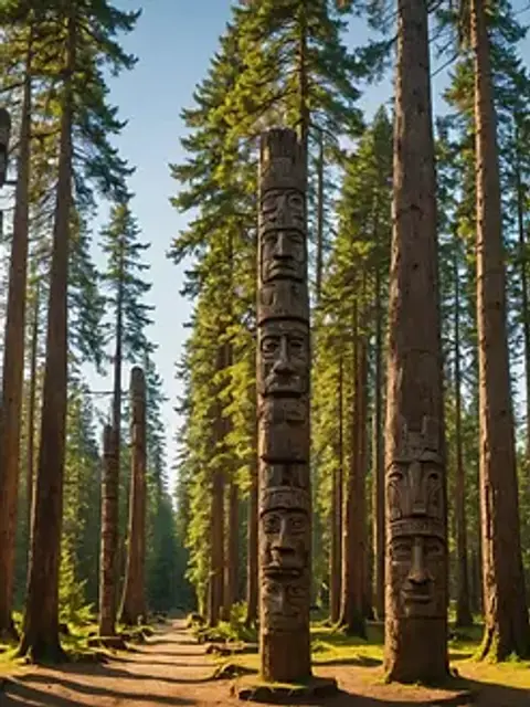 Wide angle view of totem poles at Totem Bight State Historical Park