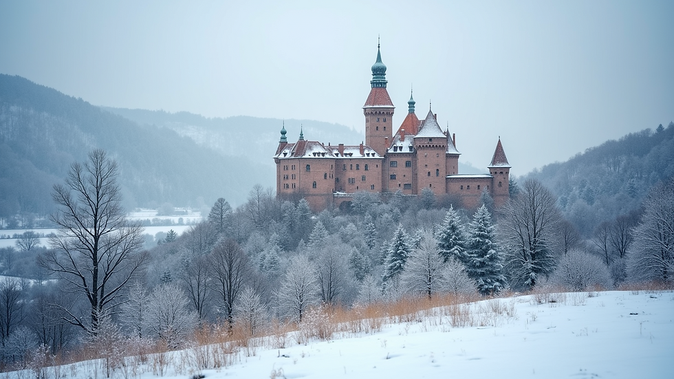 Wide angle view of Hohenzollern Castle with snow