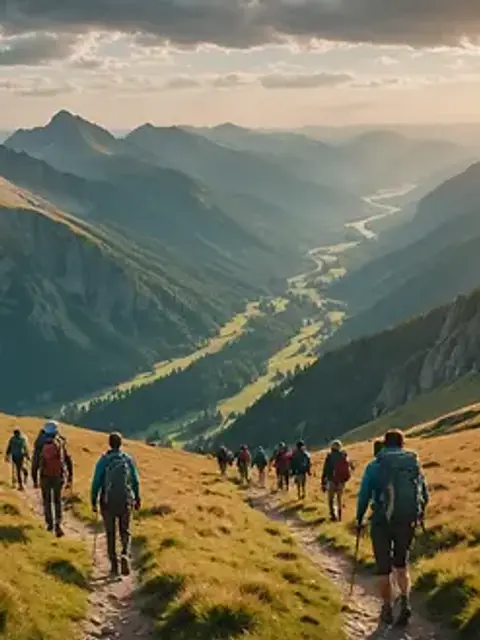 Wide angle view of hikers setting off on a backpacking journey through a majestic landscape