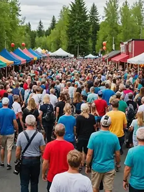Wide angle view of a colorful and lively street festival in Talkeetna