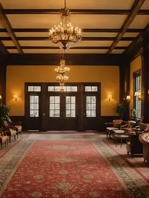 Eye-level view of a historical hotel lobby that exudes charm and mystery