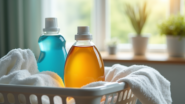 Close-up view of a laundry detergent bottle next to a bottle of apple cider vinegar on a laundry basket