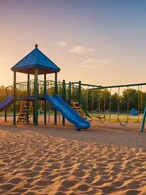 Eye-level view of an empty playground at sunset