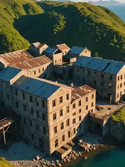 High angle view of the abandoned Bushiribana Gold Mill against the coast