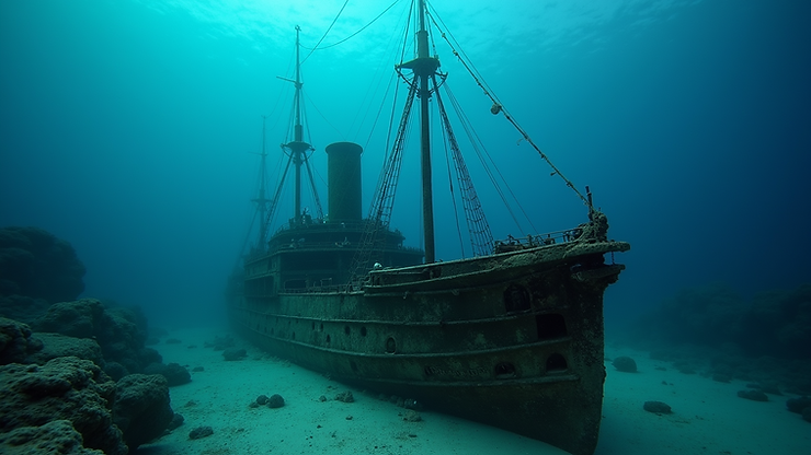 Close-up view of the "Patris" Steamship Wreck with marine life
