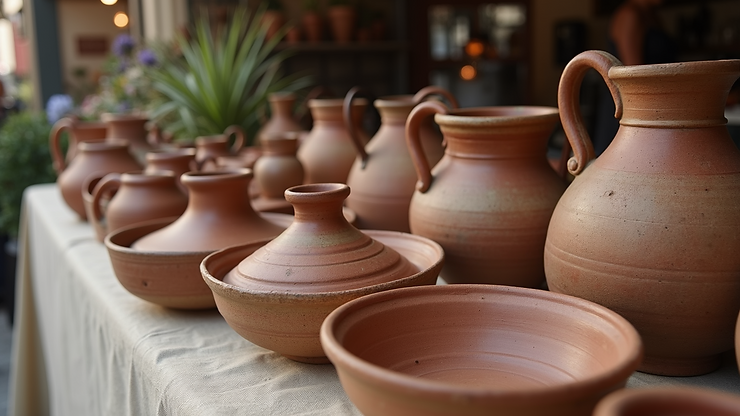 High angle view of handmade pottery and crafts displayed at a local artisan market