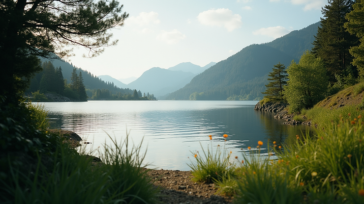 Eye-level view of Johnson Bay's calm waters and surrounding greenery