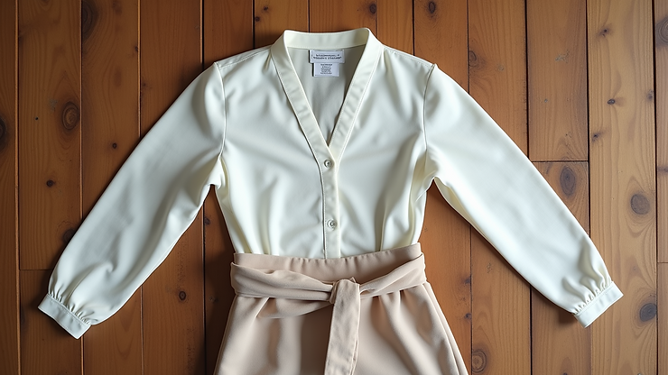 Close-up view of a cotton blouse and wrap skirt