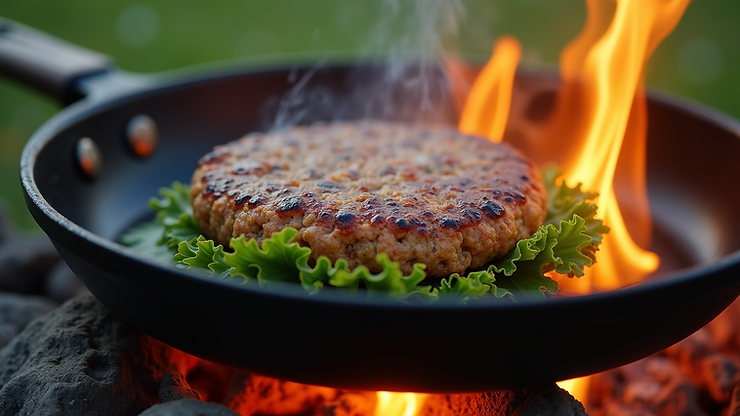 Eye-level view of zucchini burger in a skillet