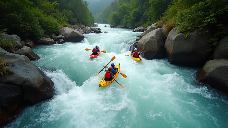 High angle view of kayakers navigating rapids at Lee Valley White Water Centre