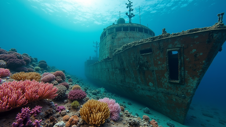 Close-up view of C-55 shipwreck home to vibrant coral growth