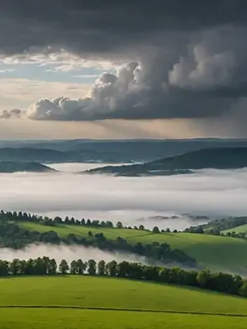 Eye-level view of a misty landscape adorned with grey clouds