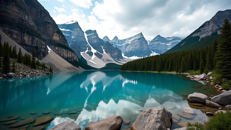 Eye-level view of Moraine Lake surrounded by mountains