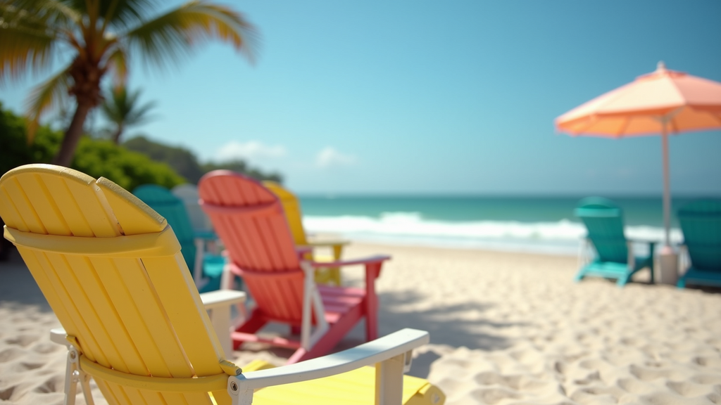 Close-up view of the sandy area of Ocean Pines Beach Club with colorful beach chairs
