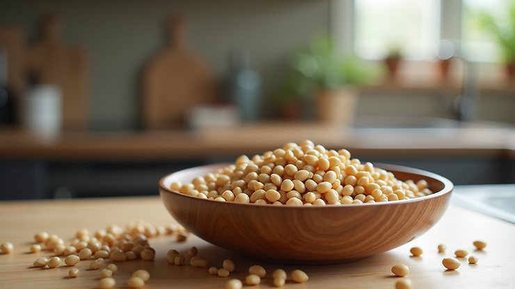 Eye-level view of a bowl of mung beans
