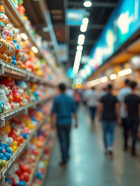 Eye-level view of rows of colorful toy stalls at Chatuchak Weekend Market