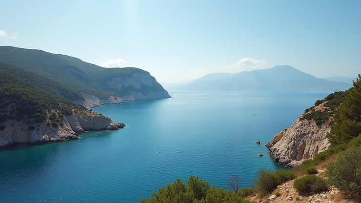 Eye-level view of the Tholopotamos coastline with boats in the distance