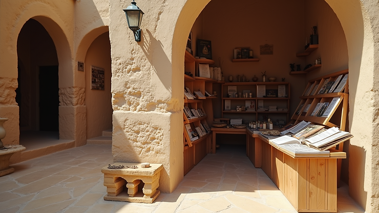 Close-up view of Akrotiri's archaeological shop offering insightful literature and artifacts